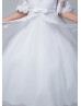 Beaded Elbow Sleeves White Lace Tulle Flower Girl Dress